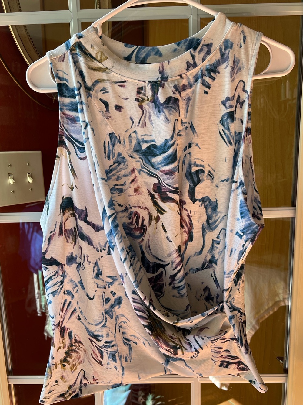 Marble-Print Draped Tank Top in Blue and White